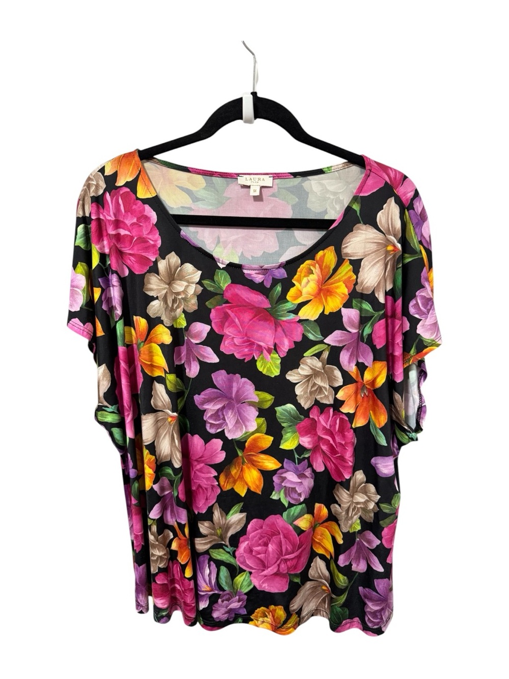 LAURA Black Floral Short Sleeve Scoop Neck Top